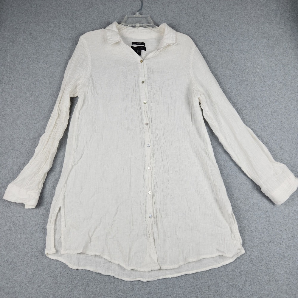 Tahari Tunic Top Women L White Linen Crinkle Roll Tab Sleeve Side Slit Button Up